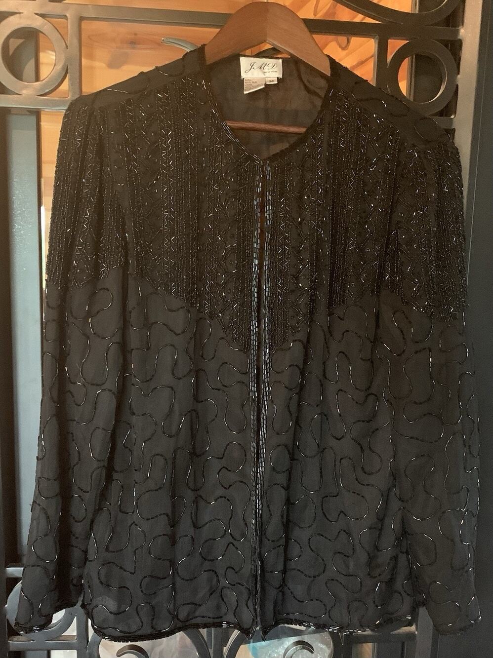 Vintage JMD New York Beaded Silk Evening Jacket Black Cardigan M Cocktail